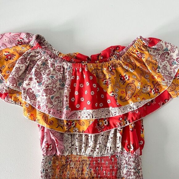 Mlle Gabrielle Maxi Dress Womens M Patchwork Hi-Low Off the Shoulder Ruffle New - Picture 3 of 11